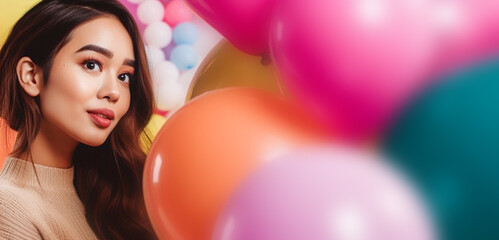 Fototapeta na wymiar A beautiful Asian woman smiles and looks at a bunch of colorful balloons. Blurred background. Holiday concept, beauty. Banner. Generative AI