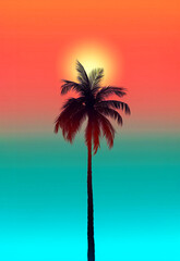 Fototapeta na wymiar Summer minimal background of palm tree and palm leaf with sun rays passing through. Warm summer colors and tones. Illustration. Generative AI.