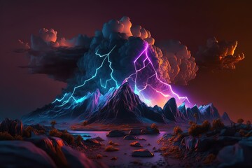 Fototapeta na wymiar  Abstract landscape background with glowing neon bolt symbol, stormy clouds, lightning and rocky mountains at night