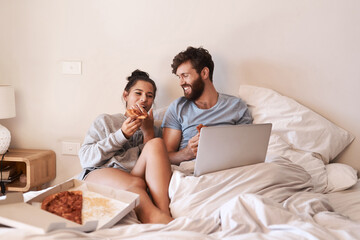 Home bedroom, pizza and happy couple relax, laugh and eating fast food, takeout meal and watch...