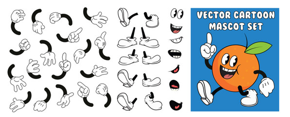 vector 1930's style vintage cartoon mascot set: hands, legs and faces - obrazy, fototapety, plakaty