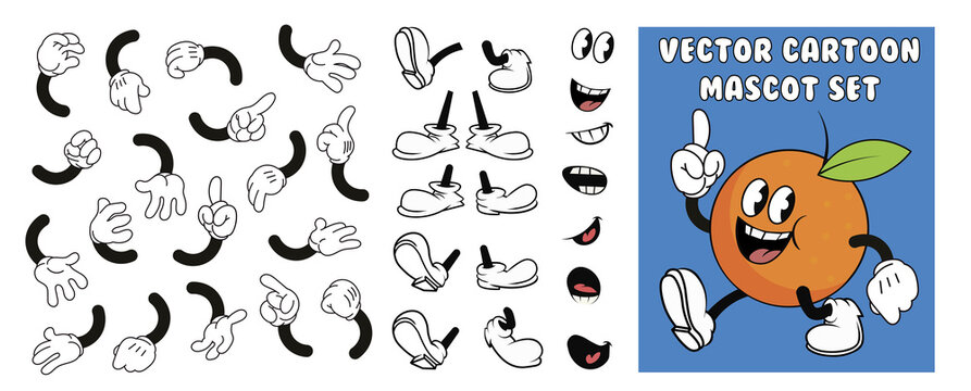 set of classic cartoon character parts: legs, hands, face. vintage mascot design mockup, isolated on white