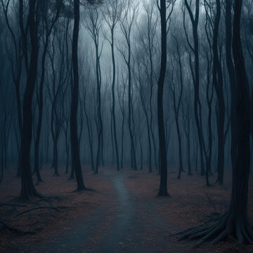 Dark creepy forest with tall trees. Image taken by AI