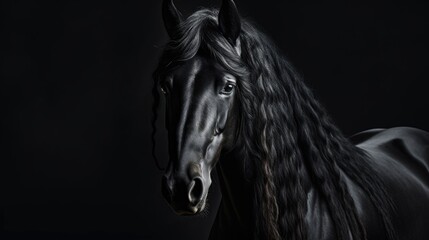 Graceful black horse with luxurious mane looks at camera standing on dark background. Portrait of elegant animal posing for photo generative AI