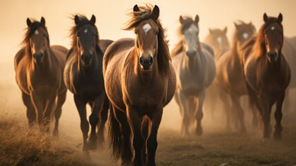 Fototapeta na wymiar Herd of graceful brown horses standing on dusty meadow at bright sunlight. Elegant animals with luxurious manes look ahead generative AI
