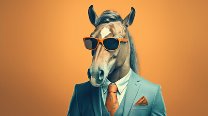 Head of horse put on human body in classic brown suit with orange tie. Domestic animal dressed in formal outfit generative AI