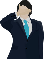 A businessman in a classic suit with a blue tie and a white shirt covers his face with his hand, vector illustration