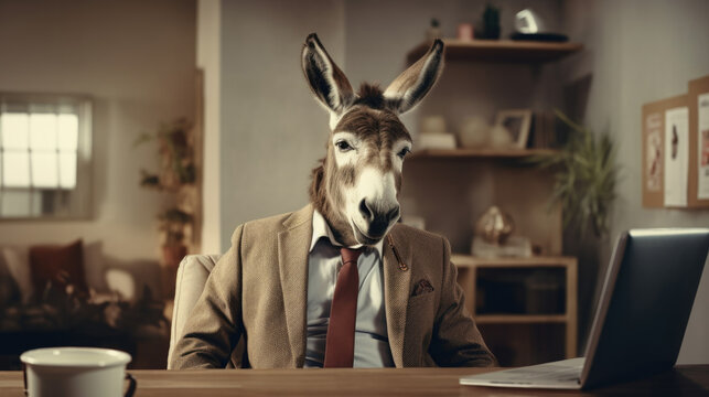 A donkey in a businessman costume in an office at the workplace, a boss in a company. A caricature, a joke. travesty generative AI.