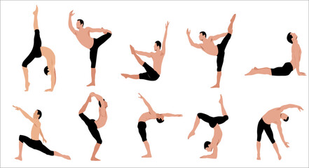 Set of young man doing yoga. Set of  young people doing sports outdoor. Concept of healthy and active lifestyle, confidence with sports and workouts. Regular physical activity. Vector illustration. 