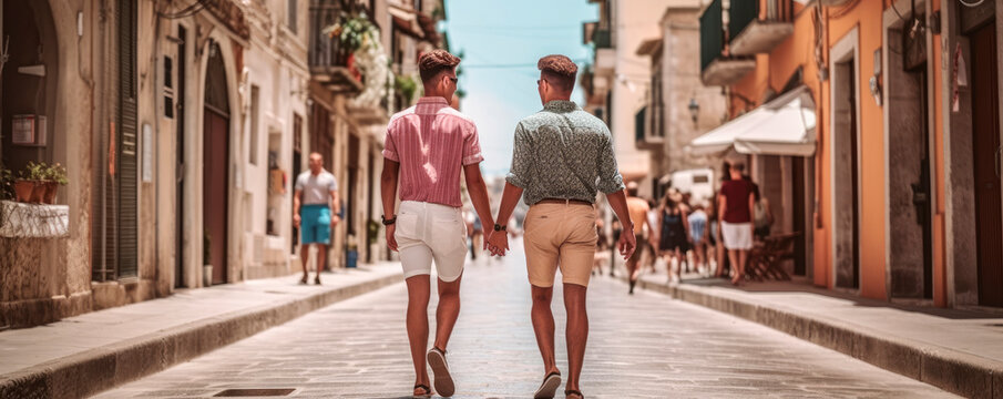 Casual Gay Men Together Walking Around The Village In Summer , Generative Ai