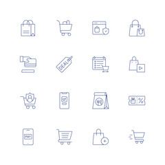 Shopping line icon set on transparent background with editable stroke. Containing shopping bag, shopping cart, window, credit card, deal, consumer, online shopping, takeaway, voucher, pay, shopping.