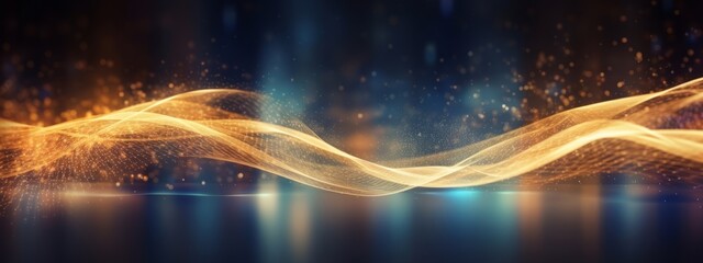 Data transfer technology concept wallpaper texture background banner illustration - Abstract futuristic with gold blue glowing neon moving high speed wave lines and bokeh lights Generative AI