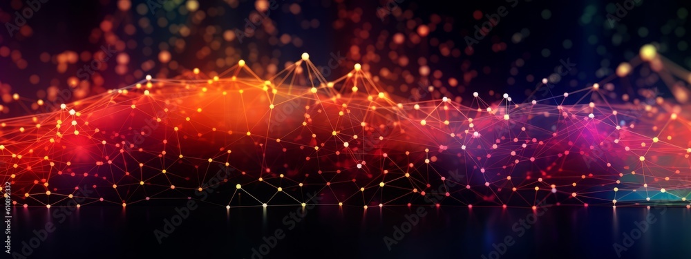 Fototapete Texture of abstract future technology lines with dots connection mesh background banner illustration 3d - Connection digital data and big data concept. Digital datail dark blue red pink Generative AI
