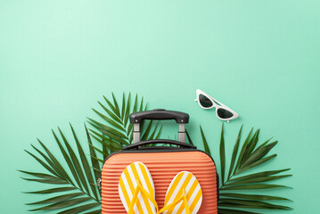 Transport yourself to paradise with top view of a turquoise background showcasing a suitcase, beach...