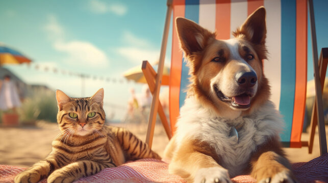 Cat and dog happily relaxing on the beach on vacation, traveling with pets, summer. sunbathing on the sand generative AI.