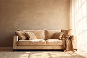Cream Suede Leather Sofa with Brown Cushion and Blanket in Sunlight. Generative AI