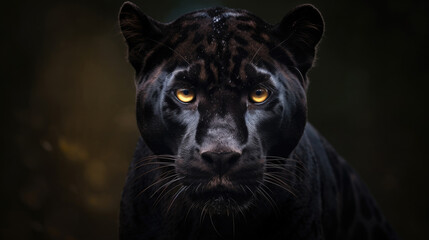 Black panther with bright yellow eyes looks in camera standing in wilderness. Portrait of wild animal on dark background generative AI