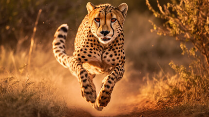 Fast cheetah with black dots runs in savanna valley on sunny day. Wild carnivore animal with open mouth in motion generative AI