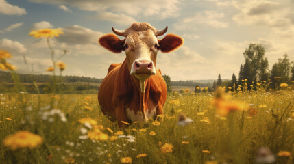 Cow with horns grazes on meadow with lush grass and yellow flowers. Domestic animal stands on pasture in countryside under cloudy sky generative AI - obrazy, fototapety, plakaty