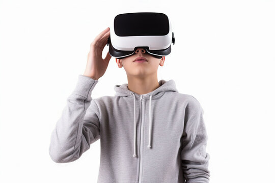 Child boy using virtual reality glasses headset. Kid looking in 3D VR goggles and playing video game. Isolated with white background. Cyberspace and metaverse concept. Generative AI.