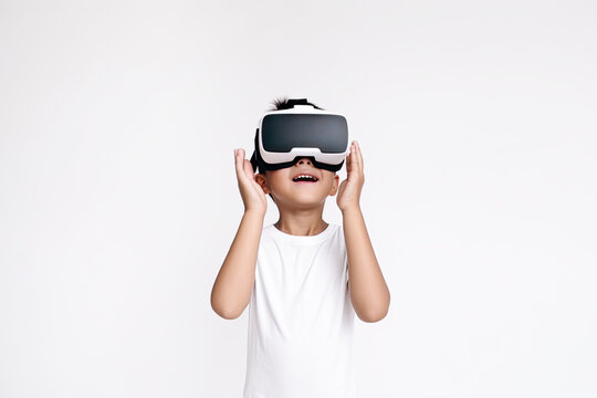 Child boy using virtual reality glasses headset. Kid looking in 3D VR goggles and playing video game. Isolated with white background. Cyberspace and metaverse concept. Generative AI.