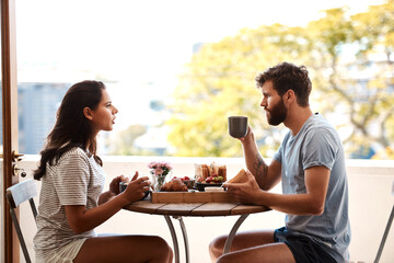 Breakfast food, home and couple argue, fight or angry over relationship problem, mistake or...