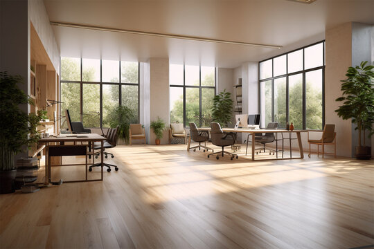 modern office with wood and wood panels 3d render, in the style of soft-edged, minimalist monochromes