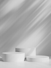 Simple white minimal background with product display platform. Empty studio with circle podium pedestal on a shadow backdrop.