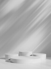 Simple white minimal background with product display platform. Empty studio with circle podium pedestal on a shadow backdrop.