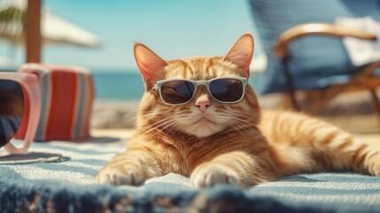 Abstract background with funny cat in sunglasses relaxing at sea beach. Orange kitty laying at sunbed. Summer vacation modern wallpaper. Horizontal illustration for banner design. Generative AI.