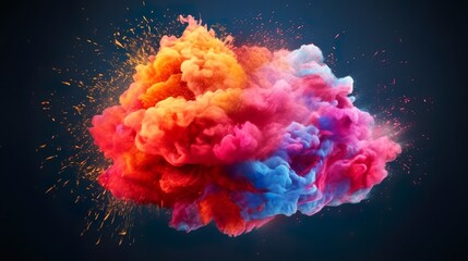 Abstract background with powder explosion in rainbow colors with splashing paint drops isolated on dark backdrop. Colourful modern wallpaper. Horizontal illustration for banner design. Generative AI.
