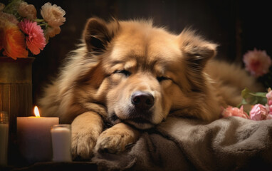 Zen Canine: Peaceful Chow Chow Dog Resting in Spa. Generative AI