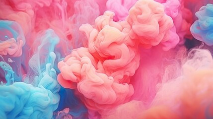 Abstract background with liquid painting ink waves in pink and blue colors flowing underwater. Watercolor pigments mixing artistic wallpaper. Horizontal illustration for banner design. Generative AI.