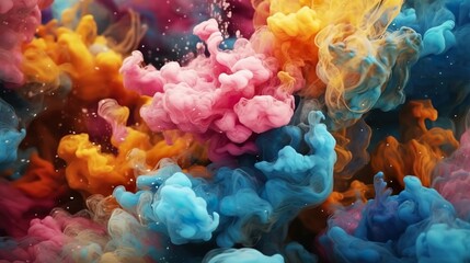 Fototapeta premium Abstract background with liquid painting ink flowing and swirling with splashing particles in water. Watercolor or acrylics moving wallpaper. Horizontal illustration for banner design. Generative AI.