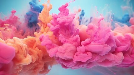 Abstract background with liquid painting ink waves in pink, orange and blue color in water. Watercolor cloud flow artistic modern wallpaper. Horizontal illustration for banner design. Generative AI.