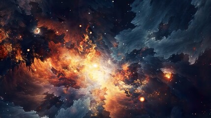 Abstract background with dramatic dark clouds with glowing energy swirling and stars in cosmos. Space with celestial bodies modern wallpaper. Horizontal illustration for banner design. Generative AI.