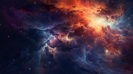 Abstract background with dramatic dark cosmos with red glowing in clouds and shining stars. Fantasy space and astronomy modern wallpaper. Horizontal illustration for banner design. Generative AI.