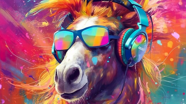 Abstract background with horse in headphones and sunglasses at colorful rainbow paints splashes backdrop. Animal character listening music. Horizontal illustration for banner design. Generative AI.