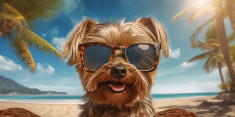 Yorkshire Terrier Dog Enjoying a Sunny Day at the Beach: Cute Smiling Pose. Generative AI