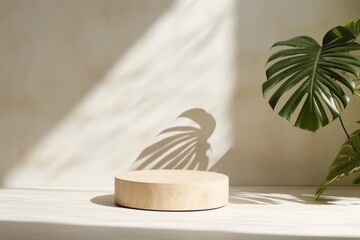 Fototapeta na wymiar Minimal Natural Log Wood Podium Table in Sunlight with Palm Shadows. Generative AI