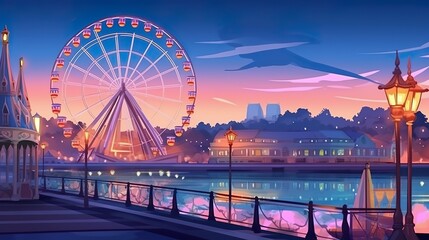 Abstract background ferris wheel. The magical ambiance of a nighttime ferris wheel with a captivating illustration with abstract background and striking banner design. Generative AI.