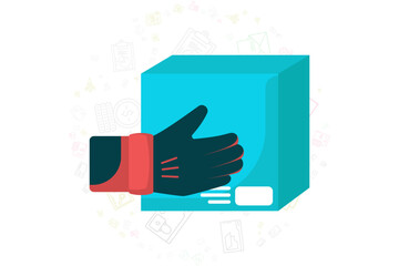 Fototapeta premium hands hand over cardboard. online store delivery service. delivery of goods is being carried out