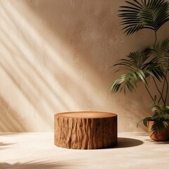 Fototapeta na wymiar Minimal Natural Log Wood Podium Table in Dappled Sunlight. Generative AI