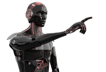 Isolated robot pointing finger. 3D rendering black and red cyborg in dark lighting. Humanoid cut out with transparent background