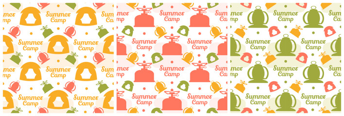 Set of Summer Camp Seamless Pattern Design of Camping and Traveling in Template Hand Drawn Cartoon Flat Illustration