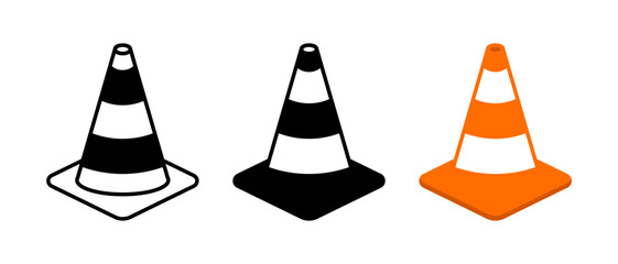 Traffic safety cone vector icon set. Road divider with cones. Roadblock or Road barrier sign