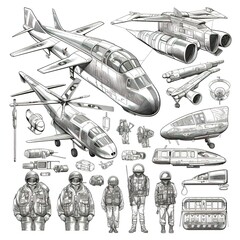 Military graphics set, line art. Generative AI