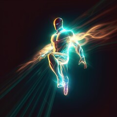 Holographic superhero hovering. Blurred motion. Generative AI