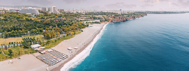 Aerial view of Konyaalti municipal beach in Antalya city, Turkiye