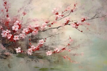 Abstract Japanese art of pink flowers, in the style of realistic paintings with birds, painterly fabrics. Generative AI